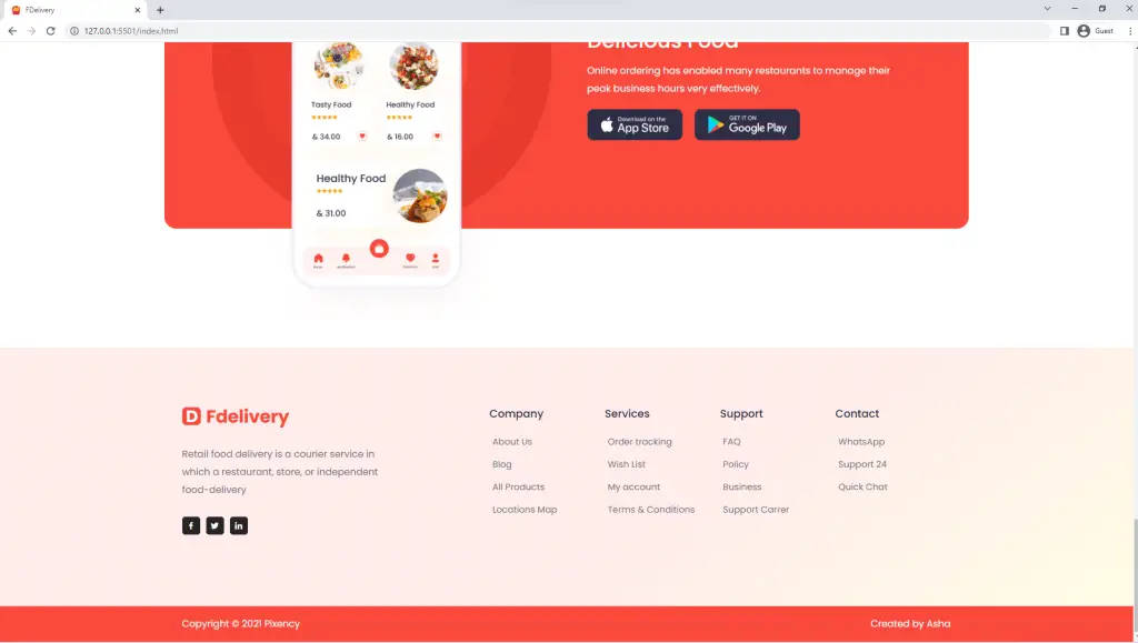 footer of the food ordering website
