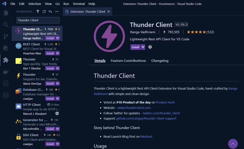 make http request in vs code thunder client installation