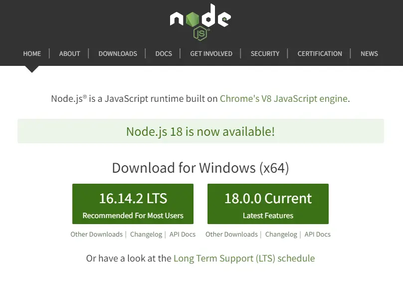 official homepage of nodejs