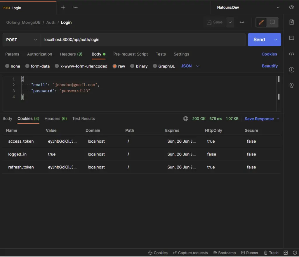 golang mongodb jwt authentication view the cookies in postman