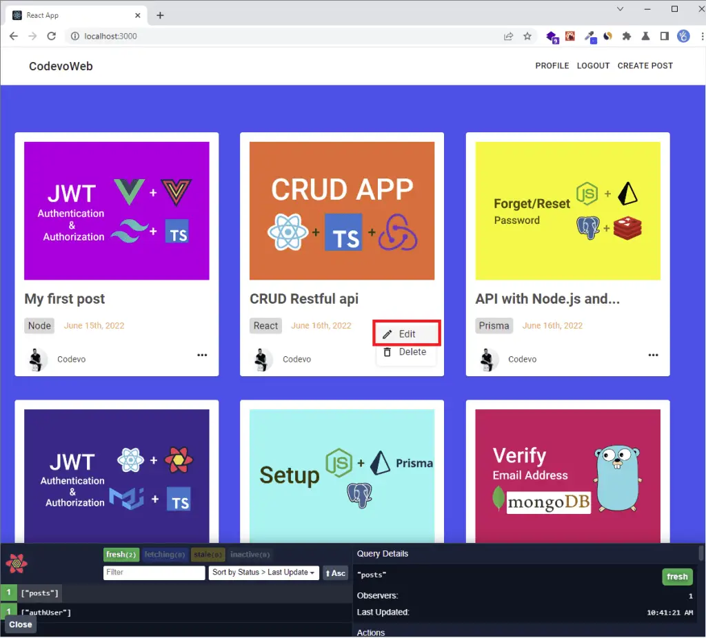 React Query CRUD Restful app with axios click to edit post