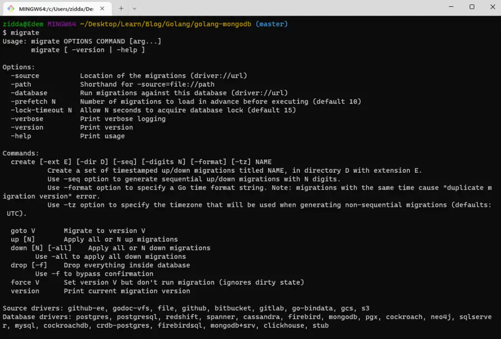 golang migrate cli command