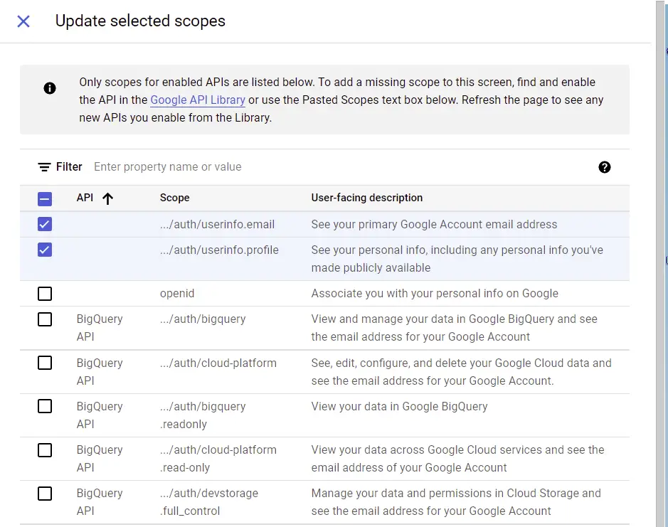 google oauth consent screen select scopes
