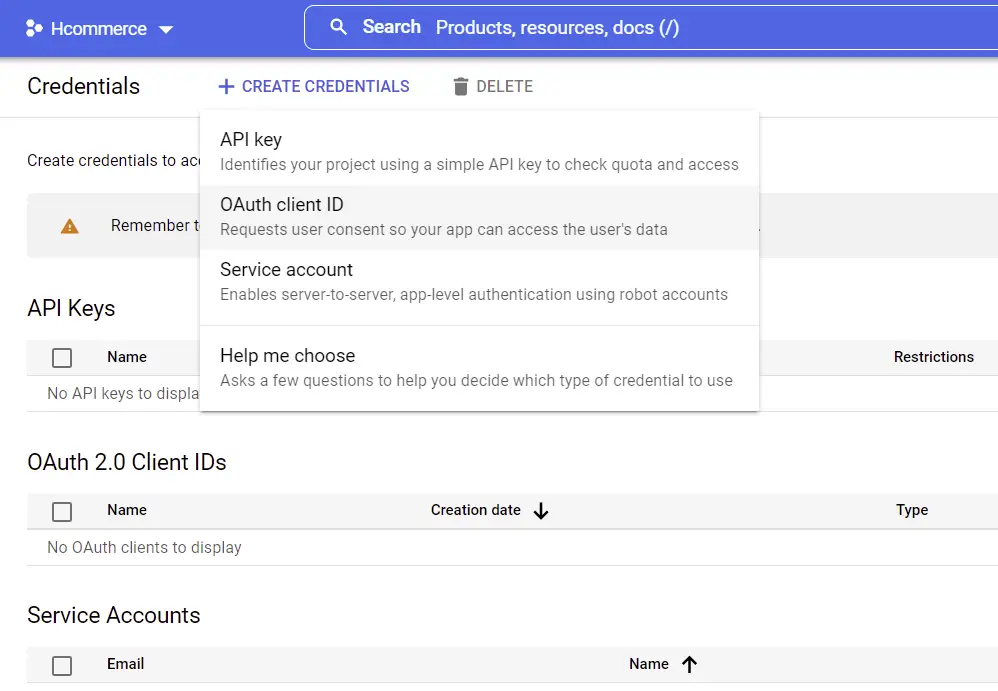 google oauth create credentials