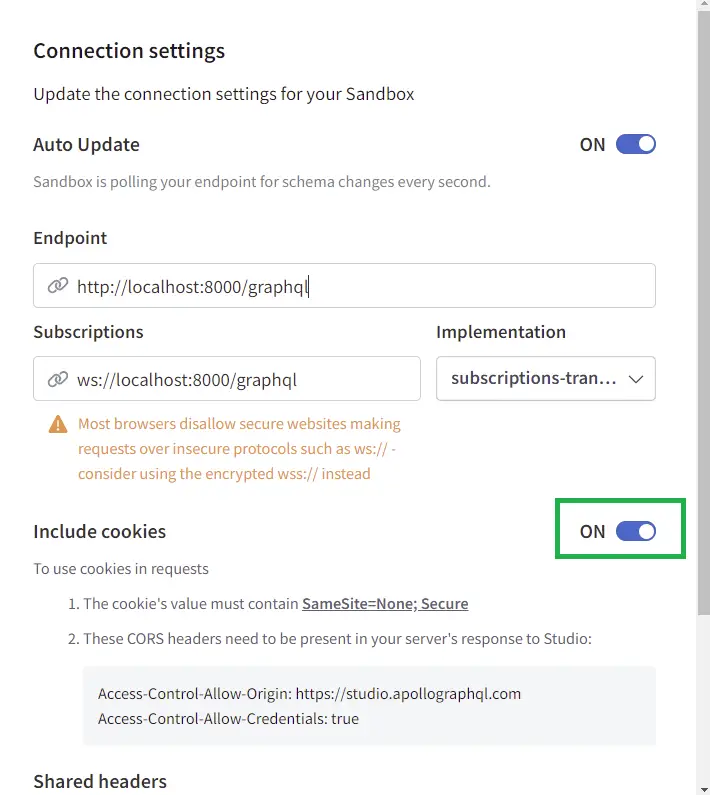 graphql api with nodejs set sandbox settings allow cookies