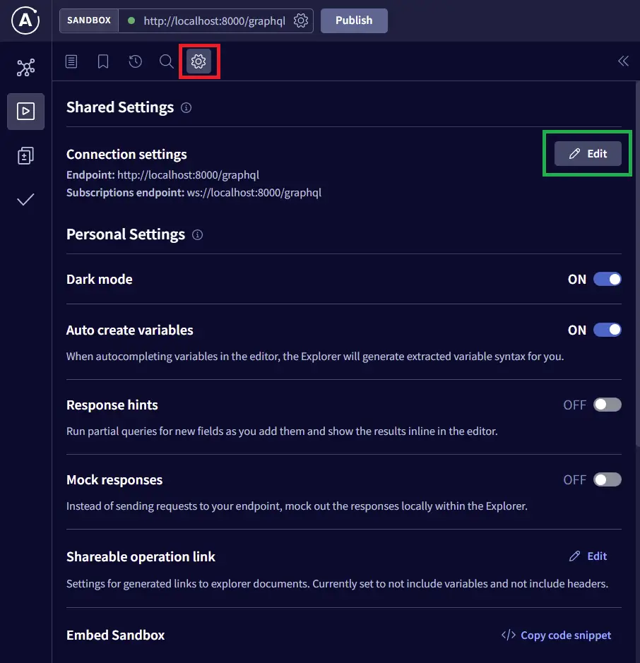 graphql api with nodejs set sandbox settings