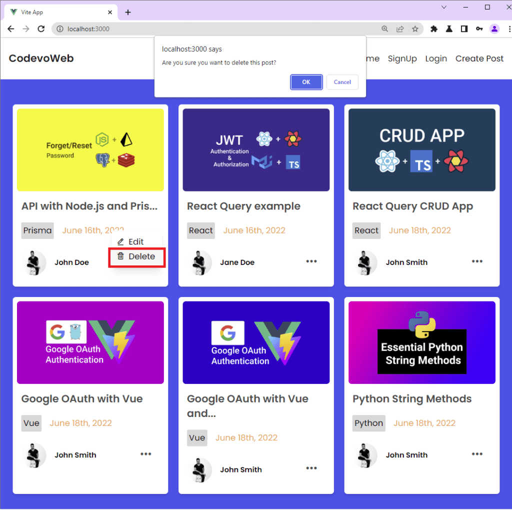 vue query axios delete request to delete a post