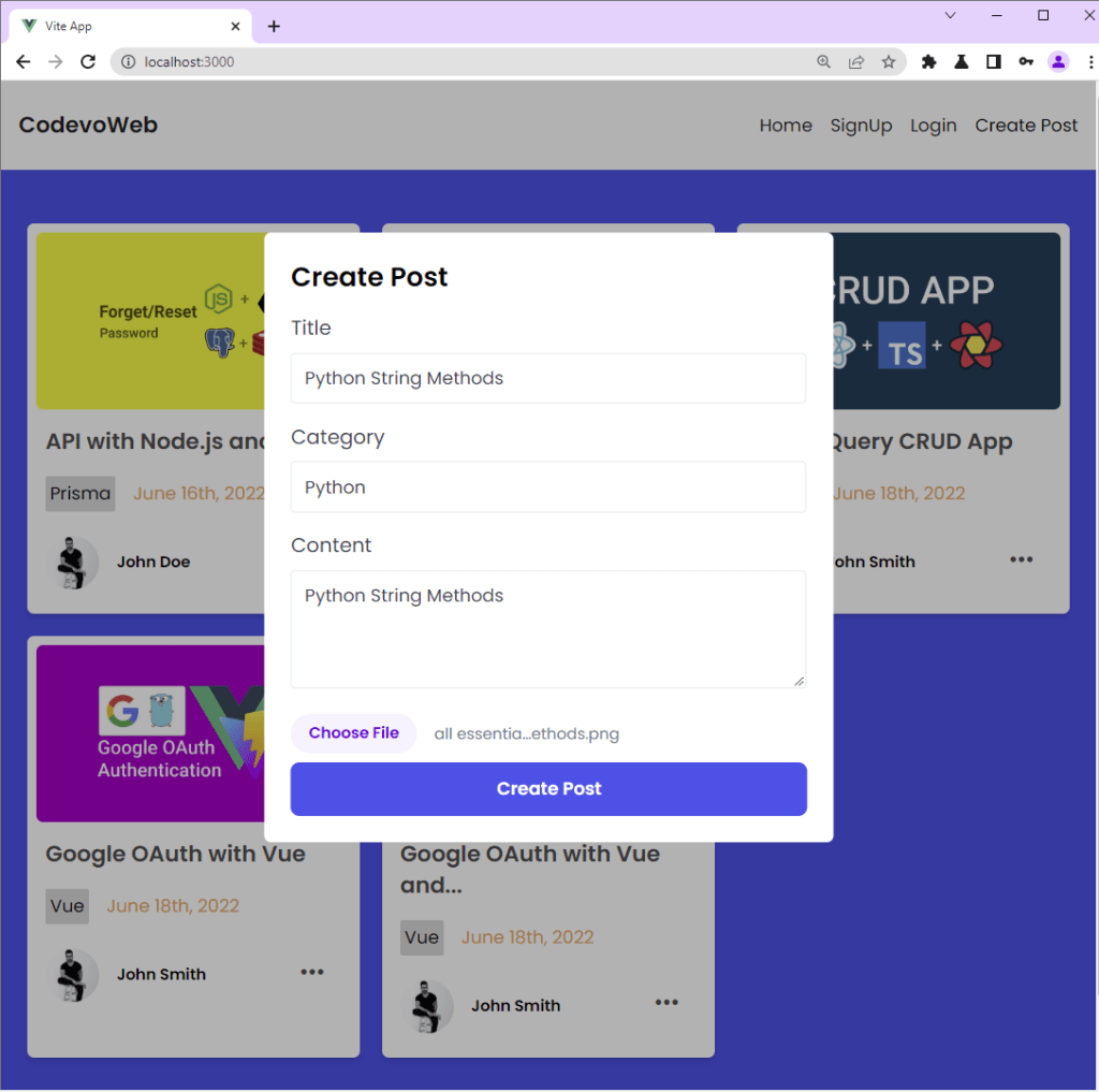 vue query axios post request to create a post