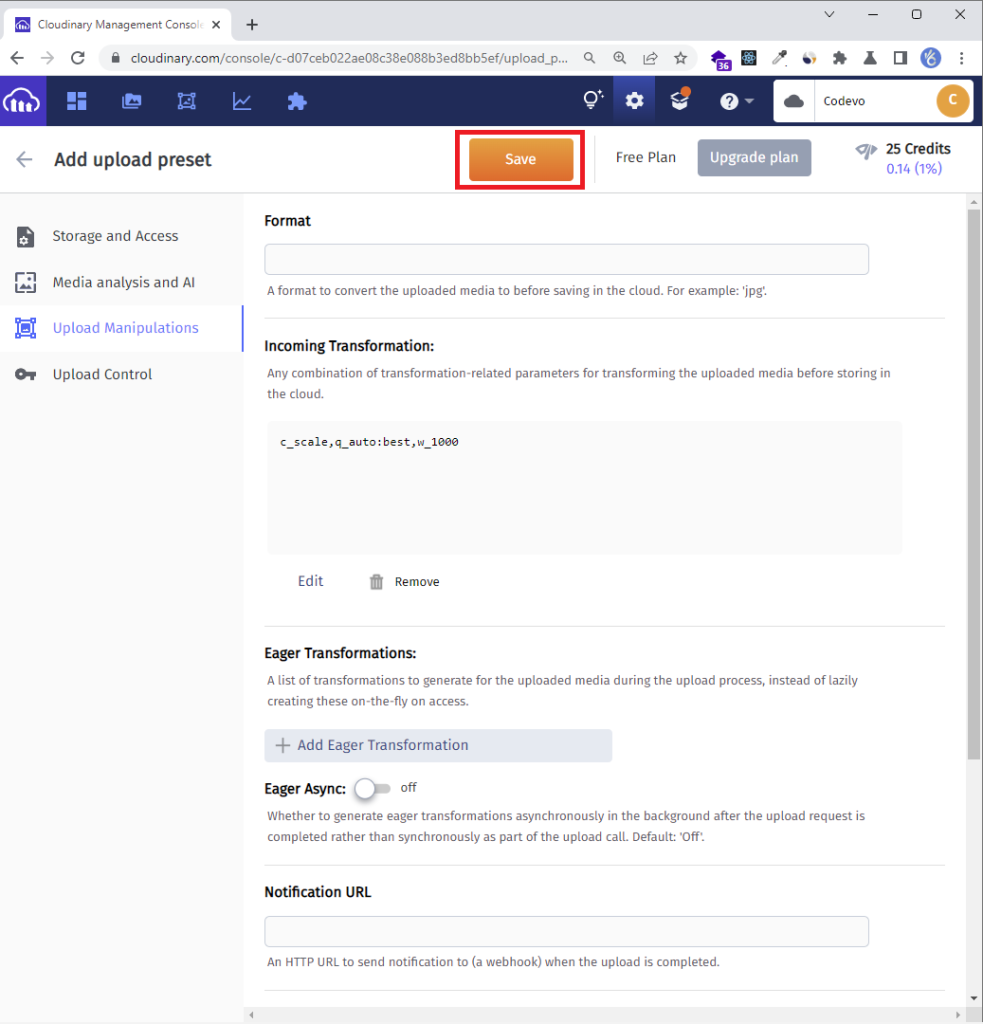 cloudinary dashboard click on the save button