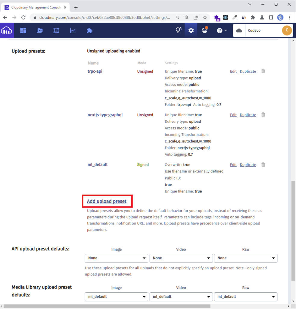 cloudinary dashboard upload settings