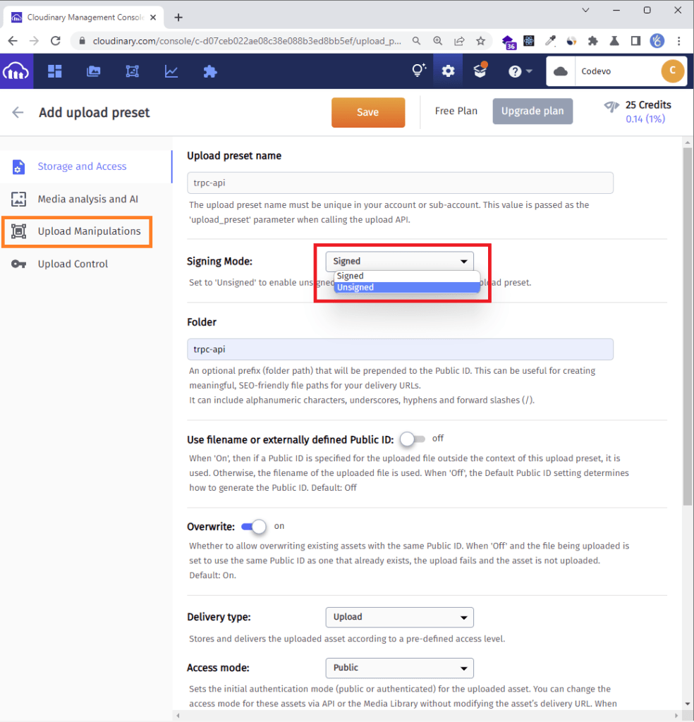 cloudinary dashboard upload settings preset