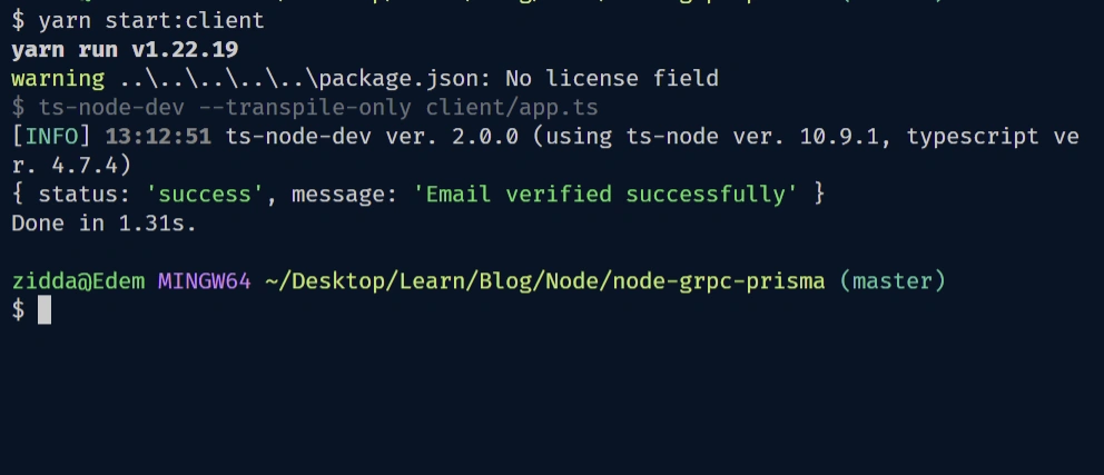 nodejs gRPC API server verify email rpc method