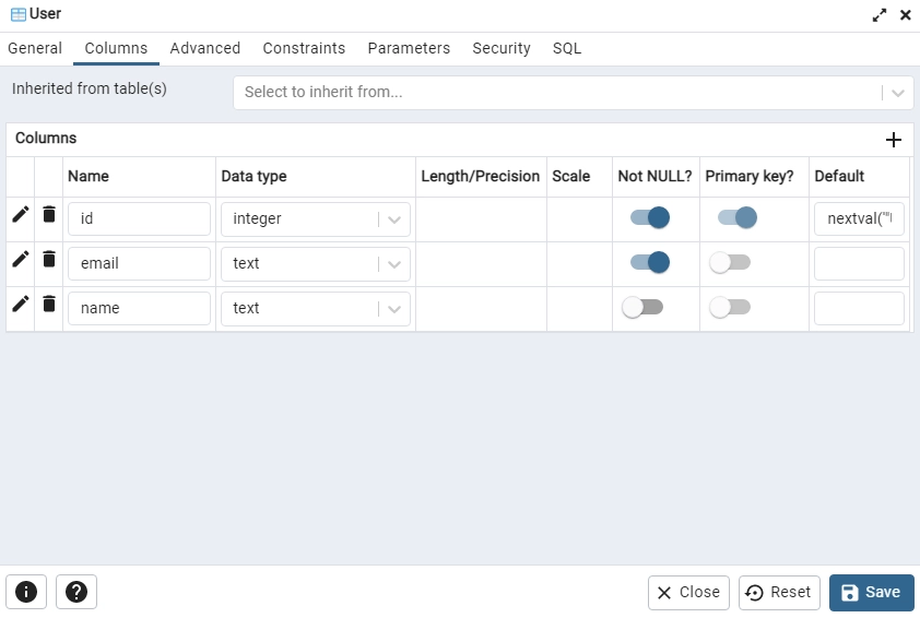 view the initial sql table added by prisma in pgadmin