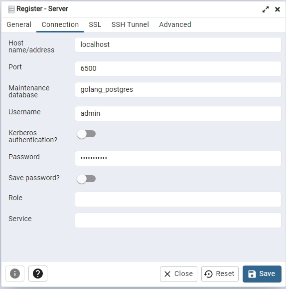 golang sqlc api register new server with pgadmin