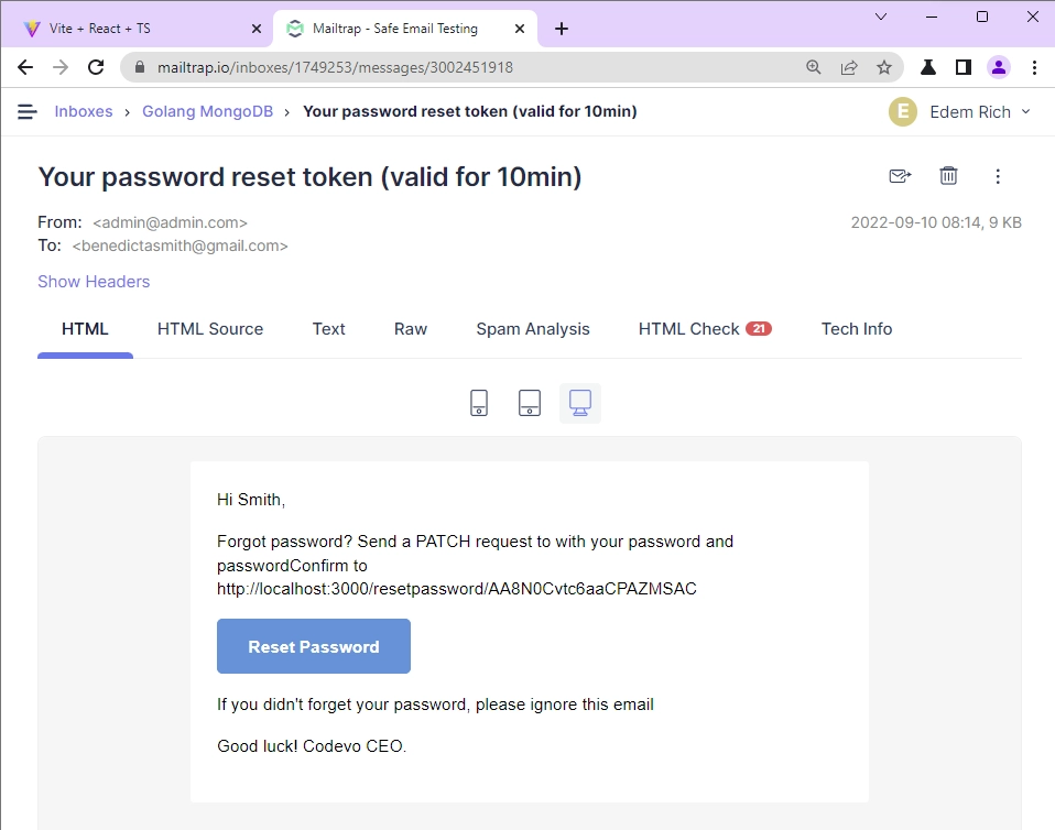 reset password link sent to the users email