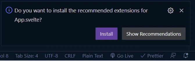 vs code popup to install the recommended svelte extensions