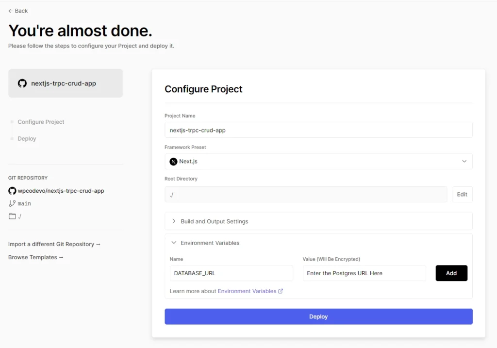 add the postgres database url to vercel during deployment phase