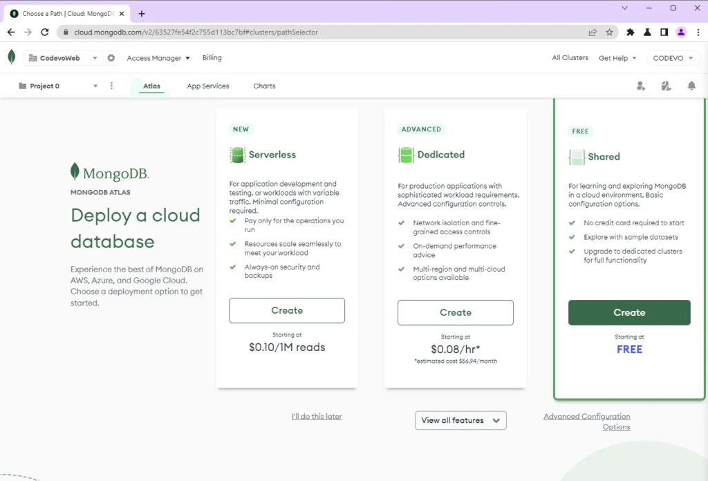 choose free mongodb atlas plan
