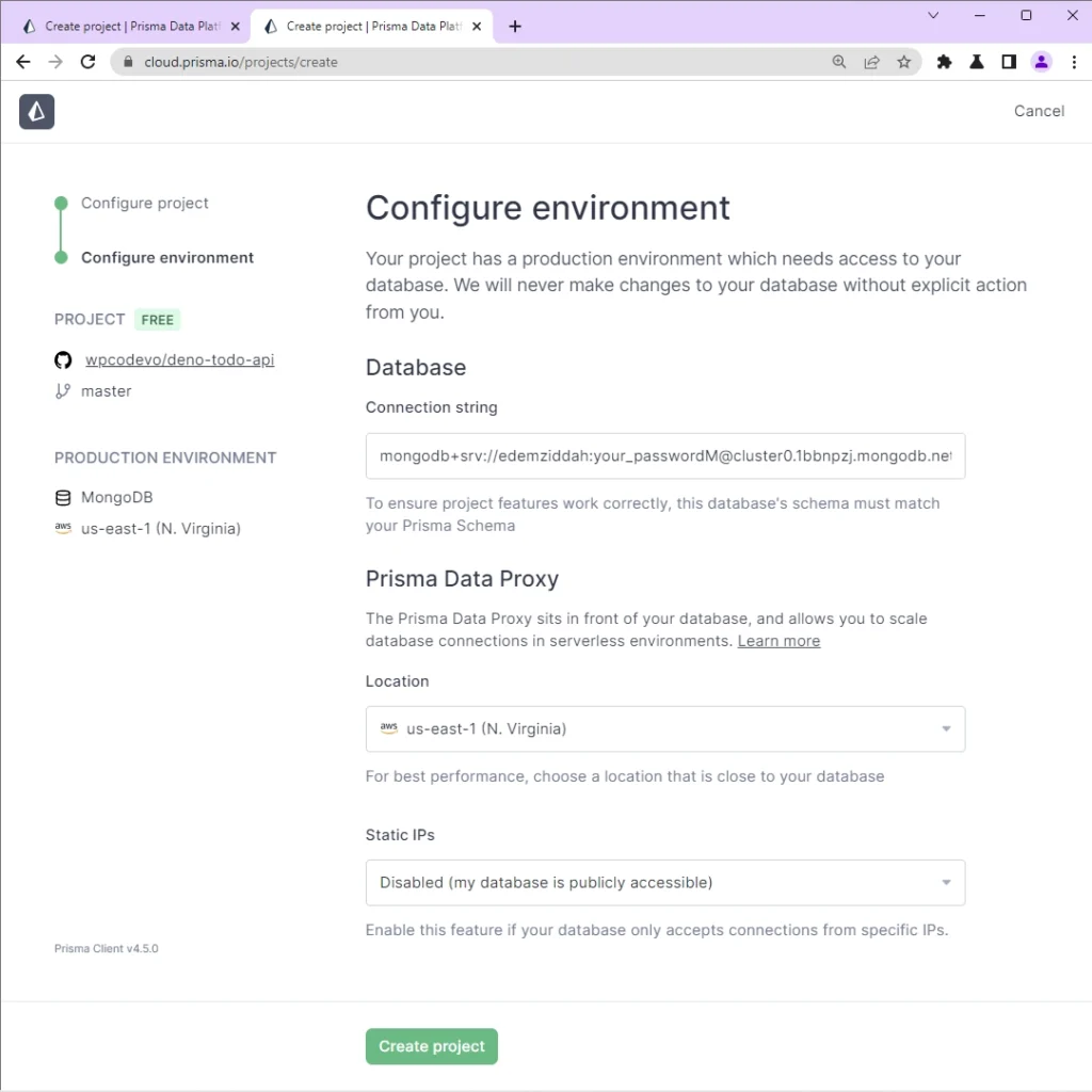 create the prisma cloud project with mongodb