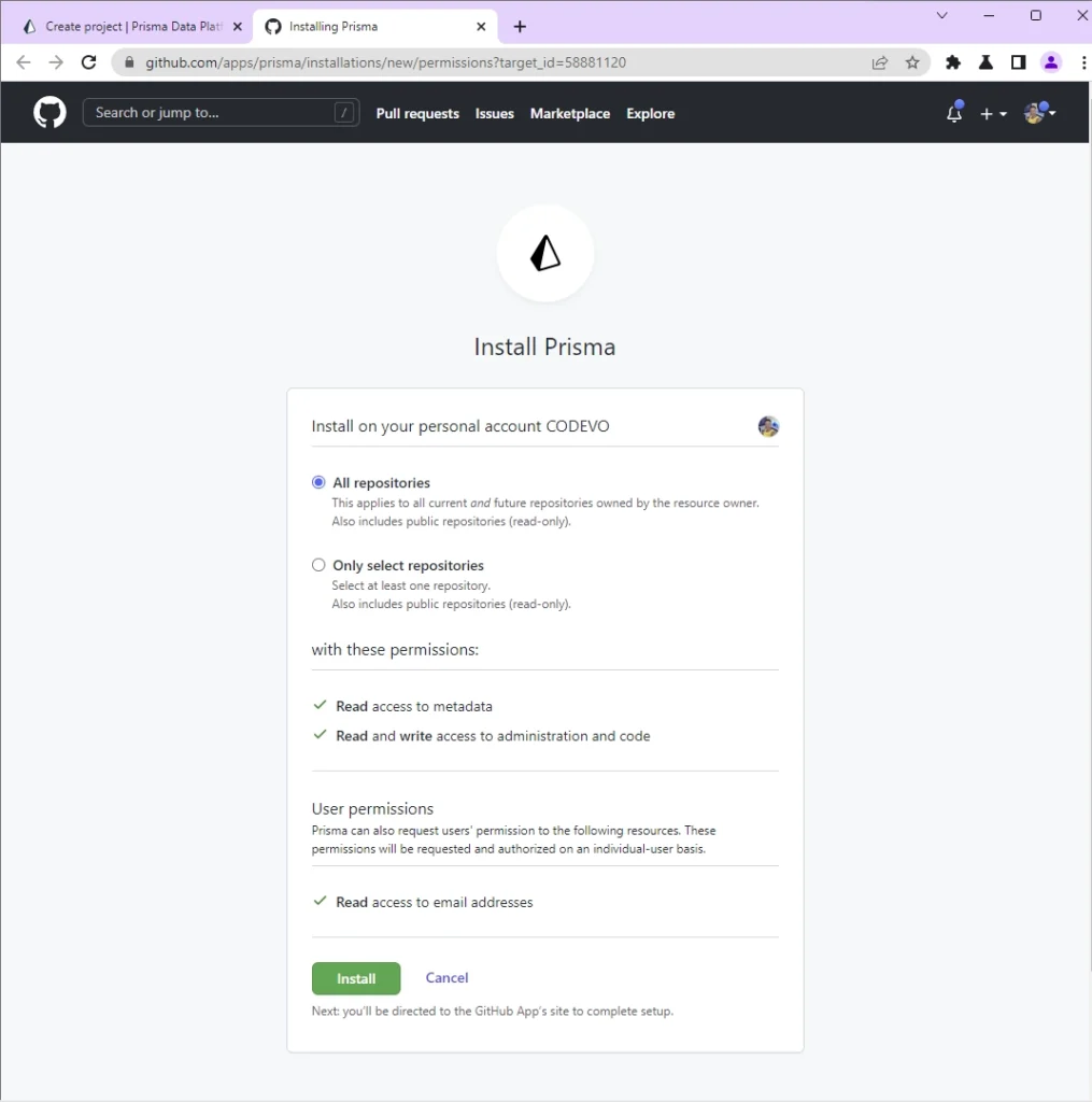 install prisma on your github account
