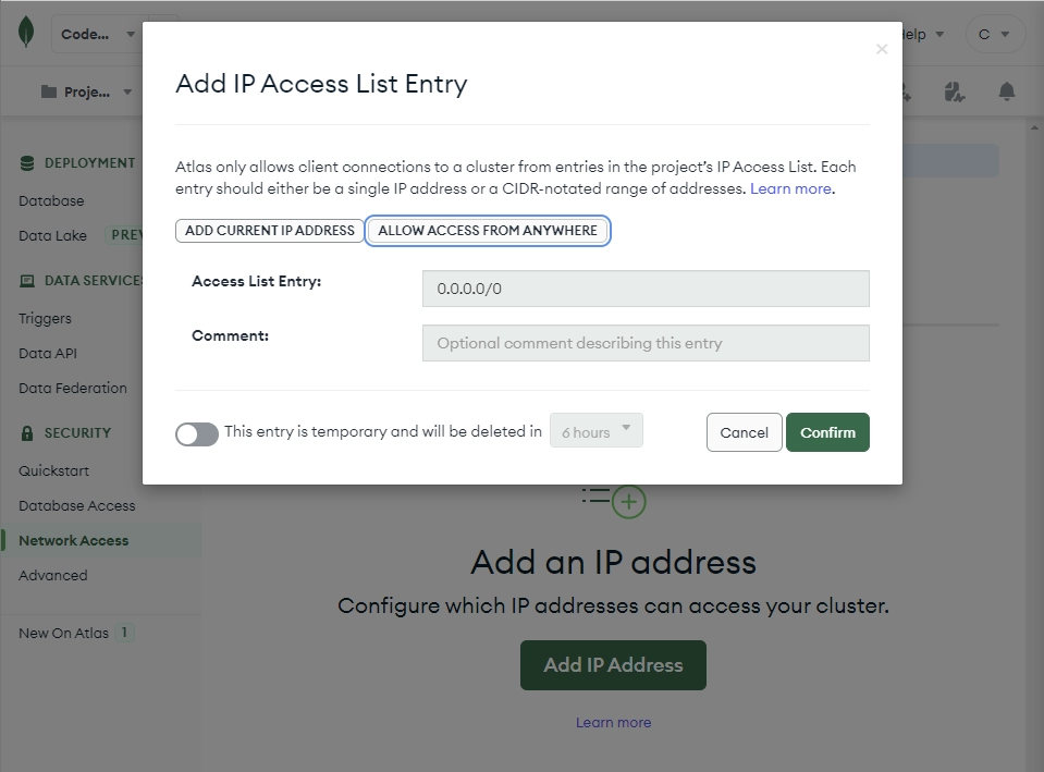 mongodb atlas add network access