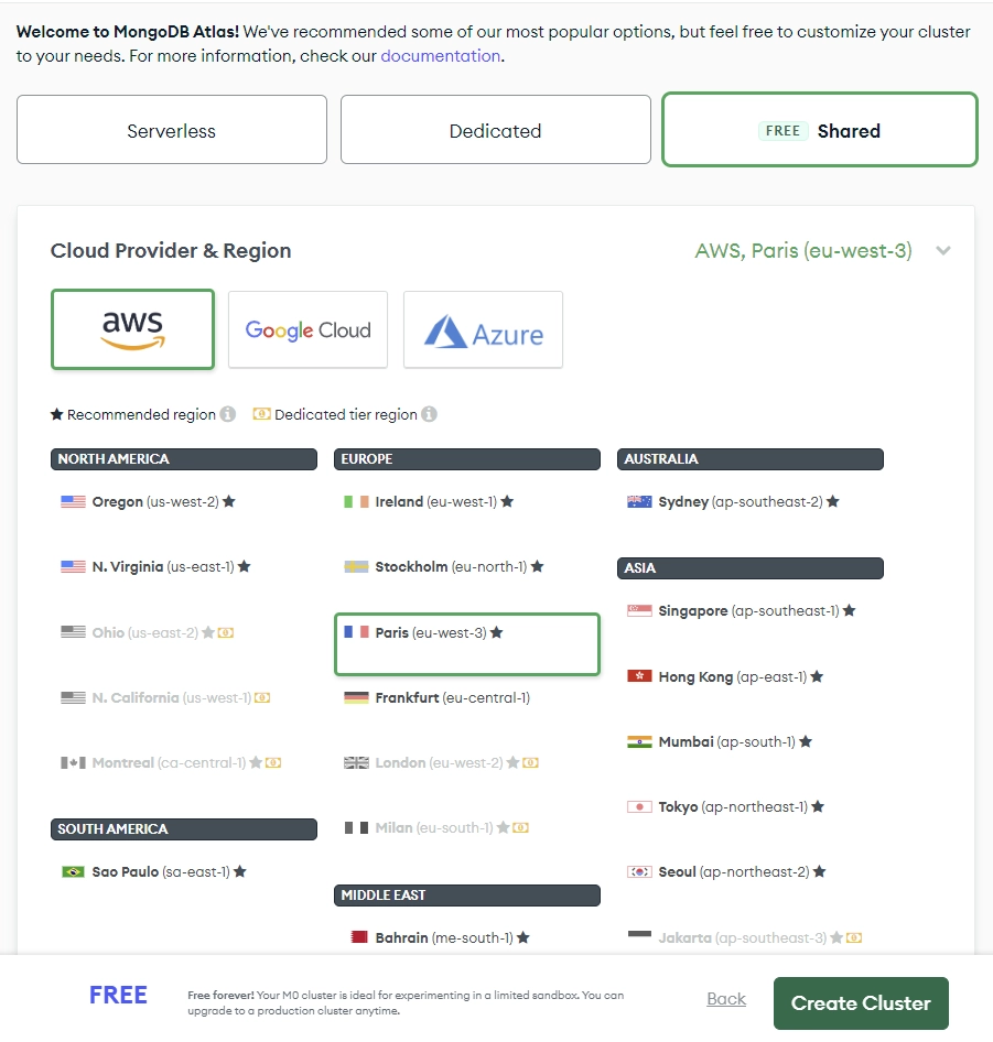 mongodb atlas create cluster