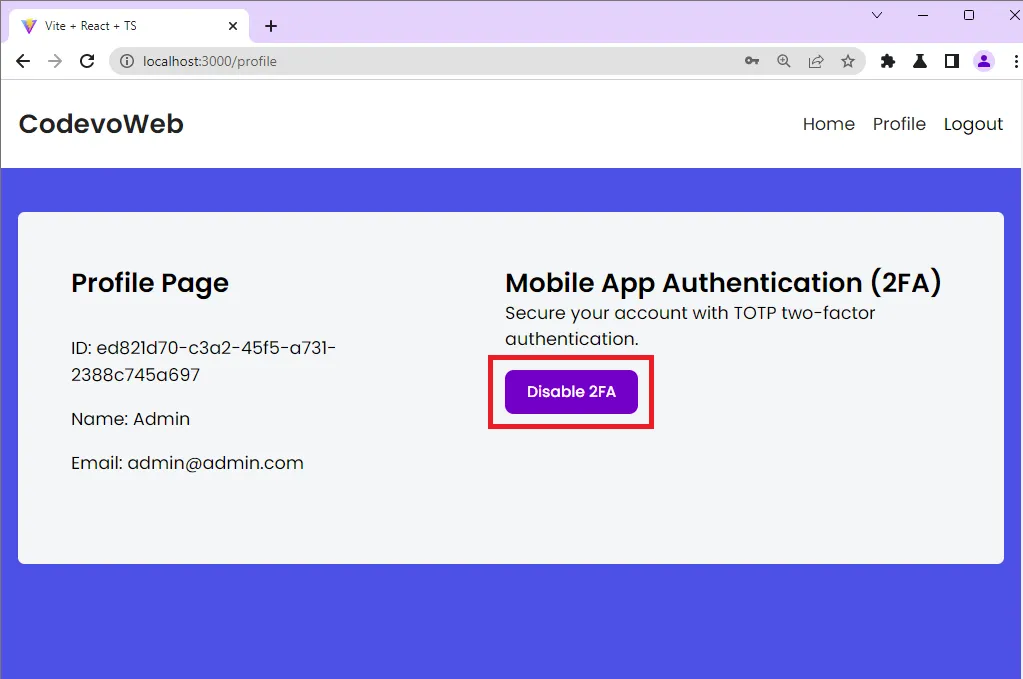 reactjs 2fa disable the feature