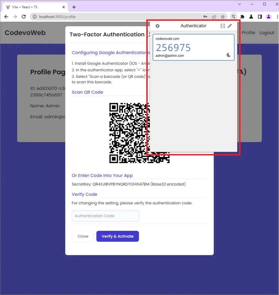 reactjs 2fa display the totp token with an authenticator app