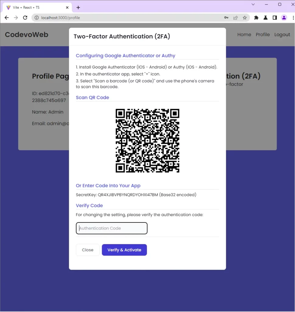 reactjs setup 2fa scan the qrcode