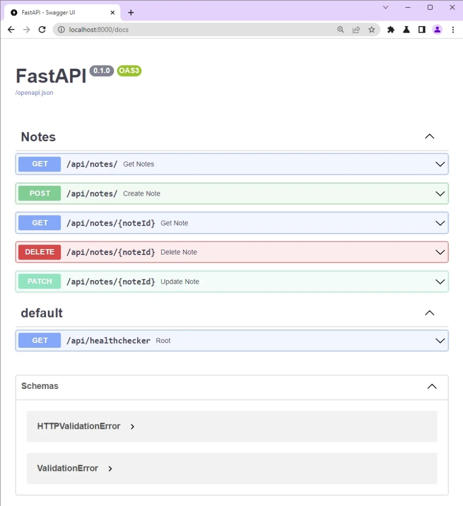 fastapi and sqlalchemy swagger docs for the crud api