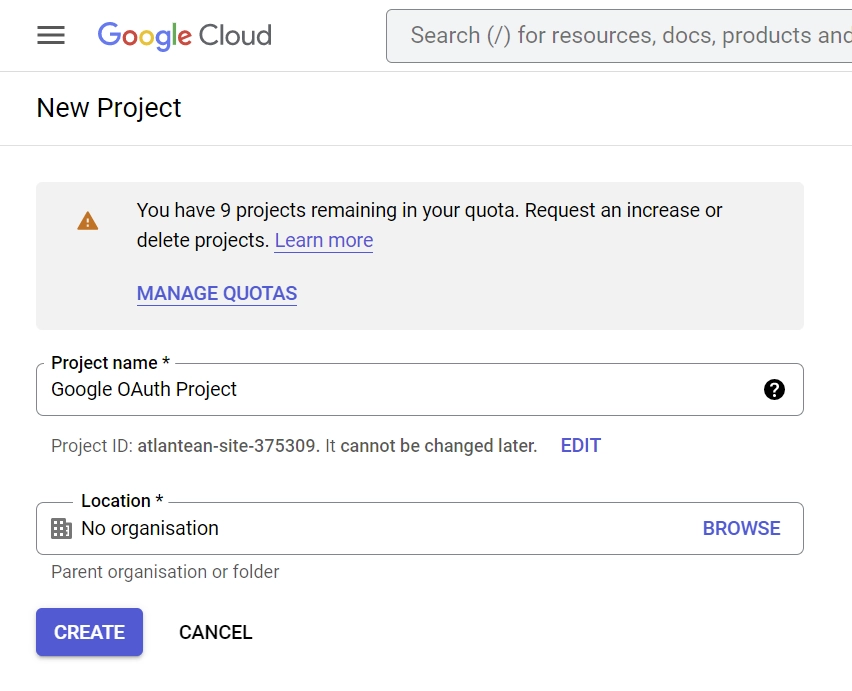 create a new project on the google console api dashboard