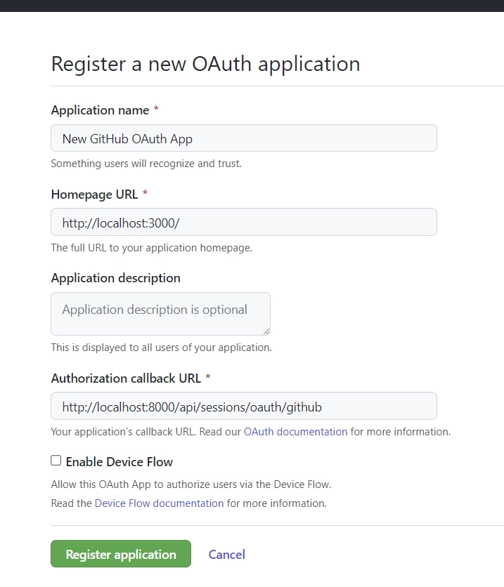 register the new GitHub OAuth app