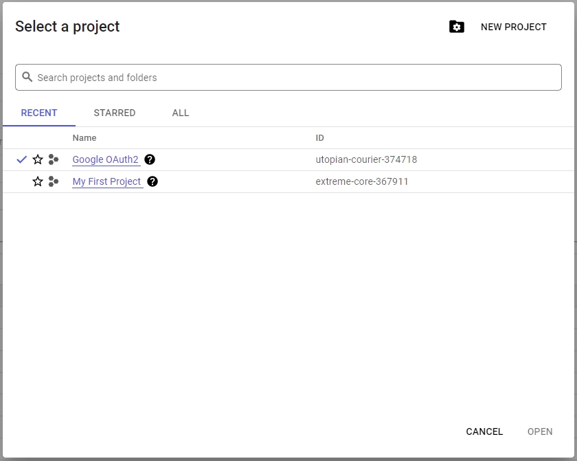 select a project or create a new one on the Google Cloud API dashboard
