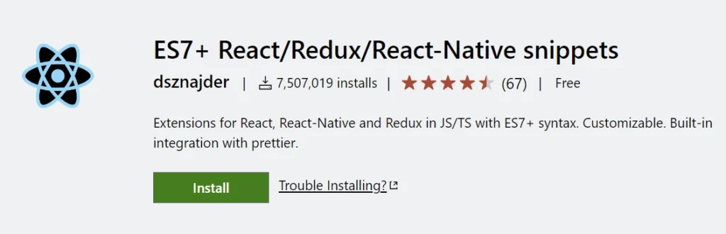 ES7 React,Redux,React-Native snippets VS Code Extension for JavaScript Developers