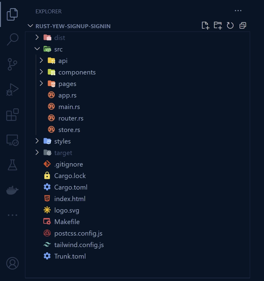 Folder Structure of the Rust Yew.rs Web App SignUp and SignIn Frontend