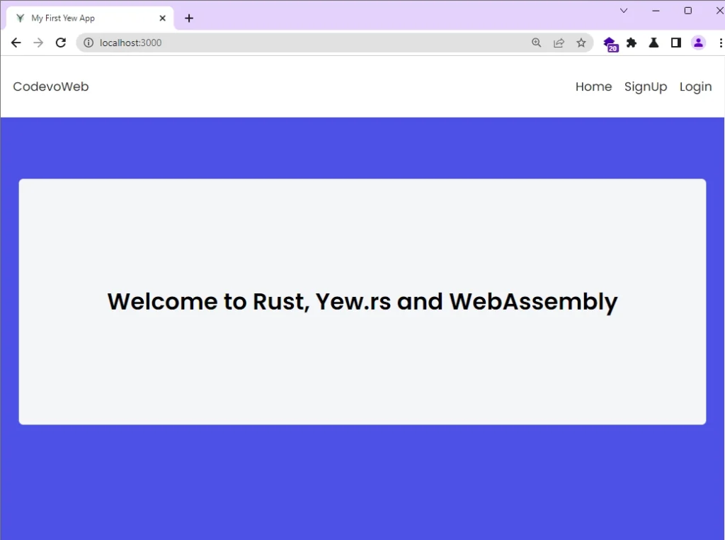 Home Page of the Rust Yew.rs Web App SignUp and SignIn Frontend