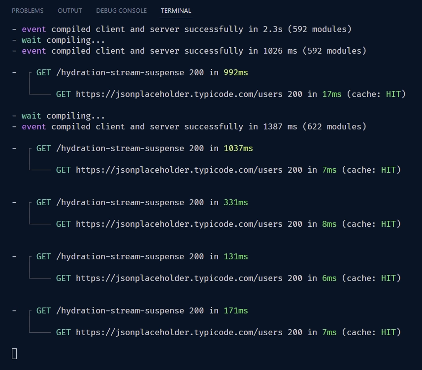 See the logs of the initial request made by the useQuery hook on the server