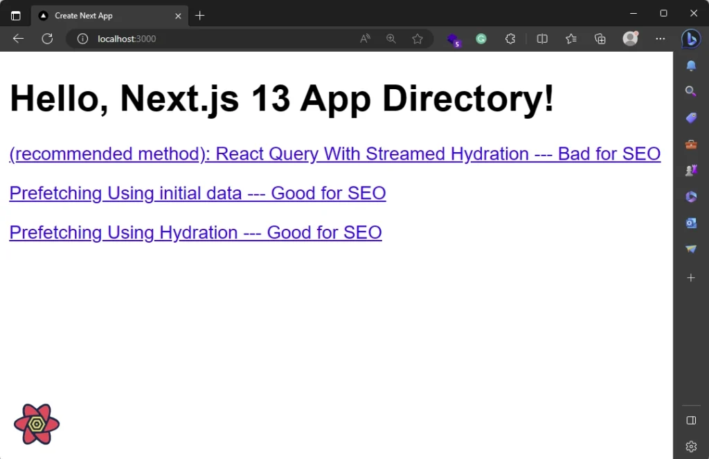 The Home Page with Links to the Various Examples Of Using React Query In the New Next.js 13 App Directory