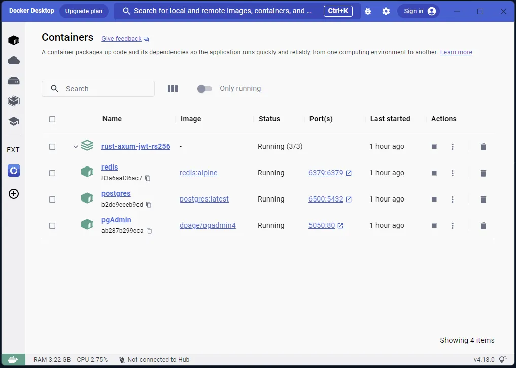 View the Running Redis, PostgreSQL, and pgAdmin Docker Containers in Docker Desktop