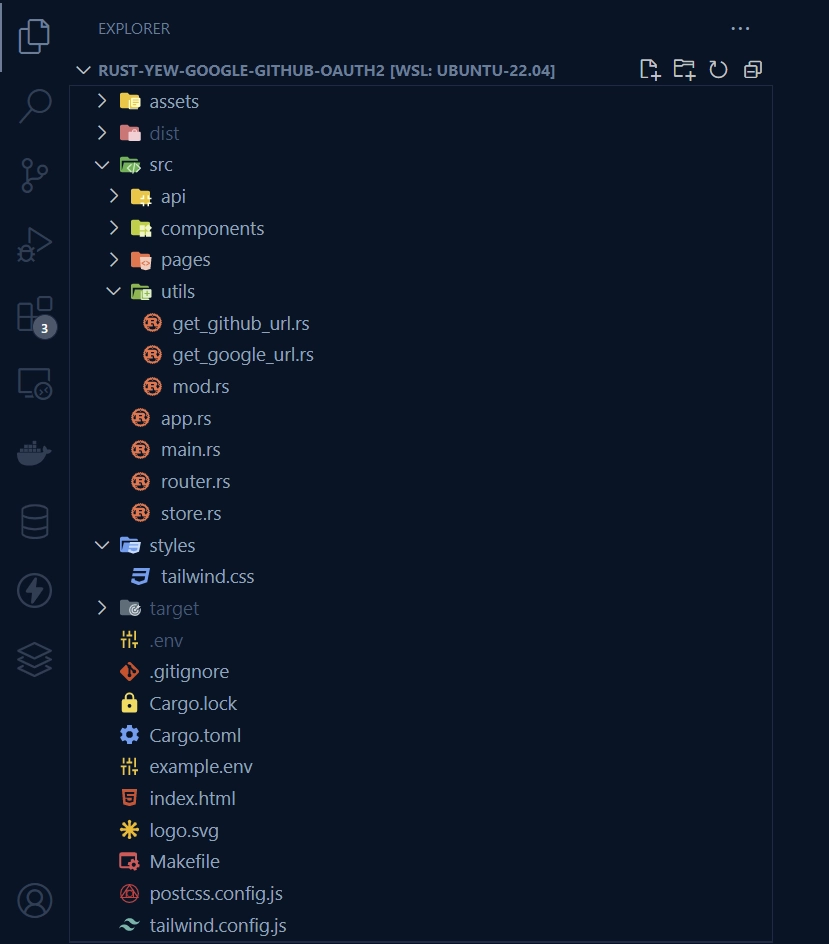 File and Folder Structure of the Rust Frontend Google and GitHub OAuth Project