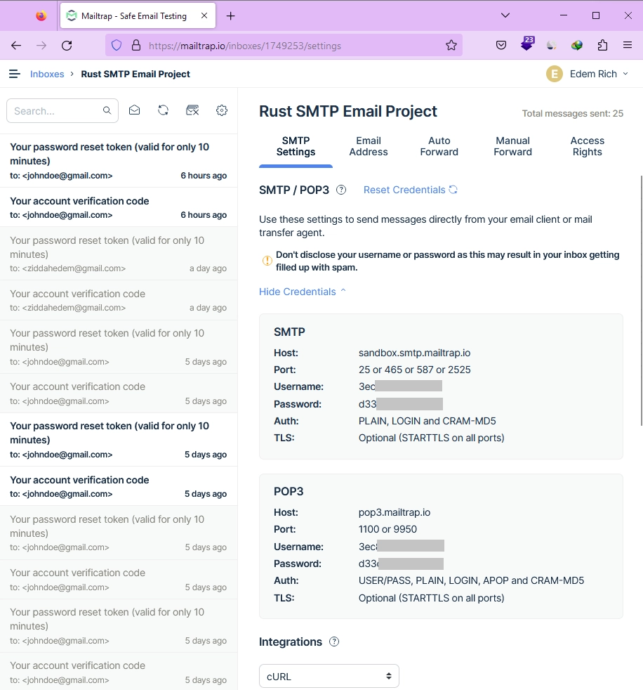 Get the SMTP credentials from your Mailtrap Account