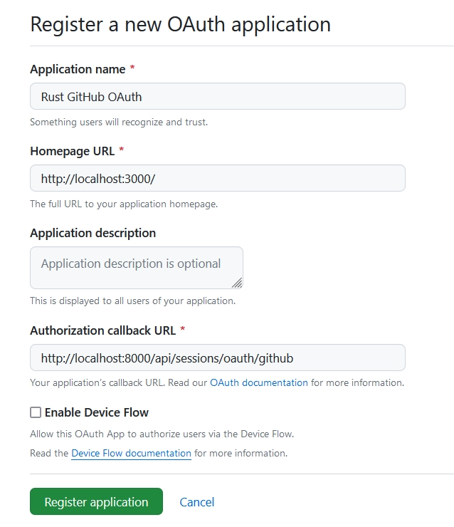 set up the GitHub OAuth app for the Rust API Project