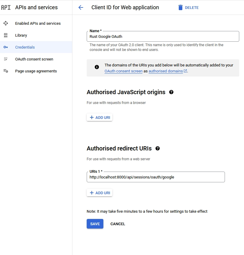 set up the Google OAuth app for the Rust API Project