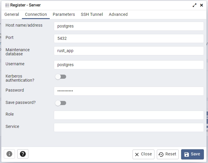 Registering the Postgres Server on pgAdmin for the Rust App Using the Credentials Provided in the env file