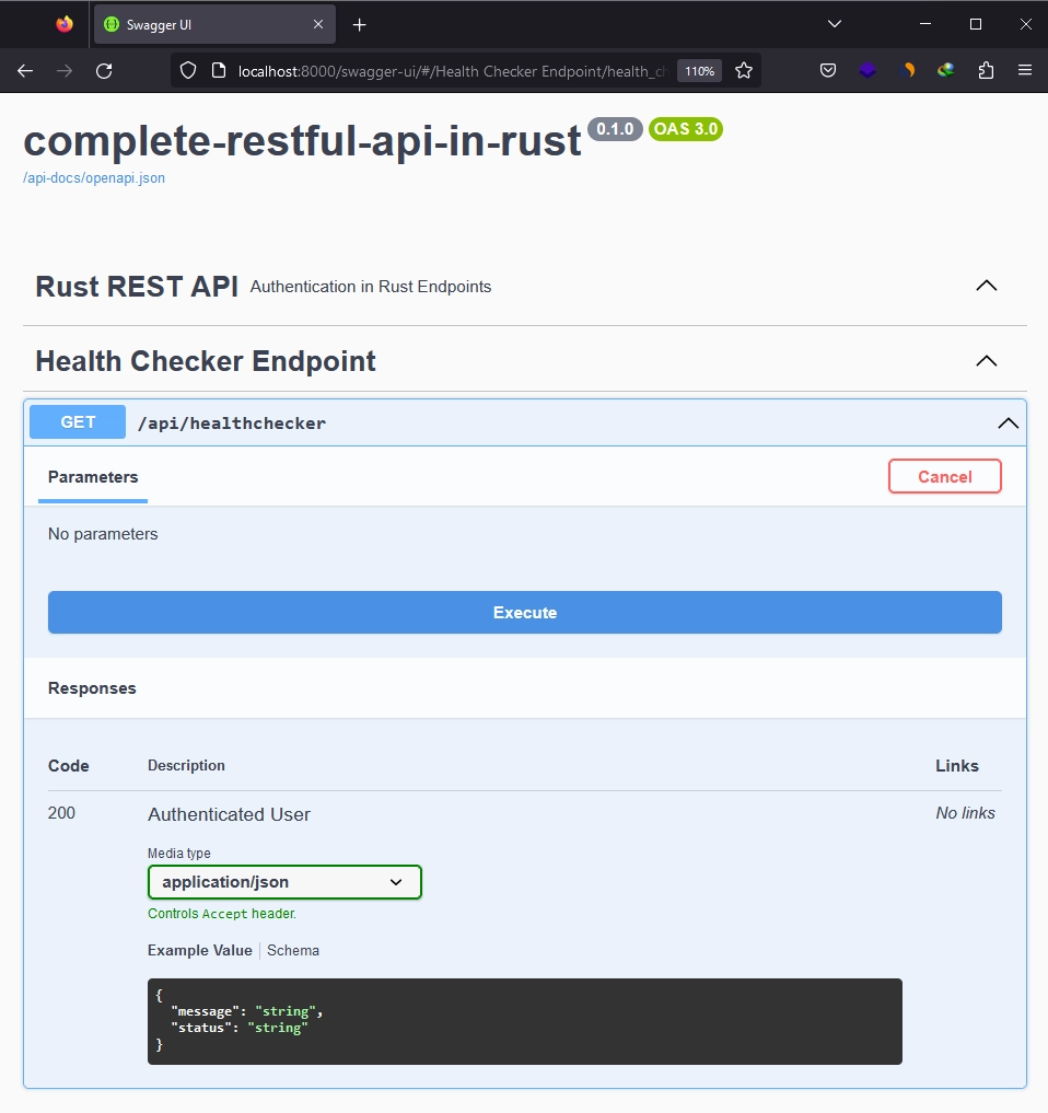 Send a Reqeust to the Health Checker Endpoint From the Swagger Docs