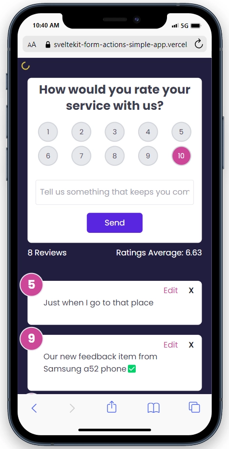 SvelteKit Feedback Application using Form Actions in Mobile View