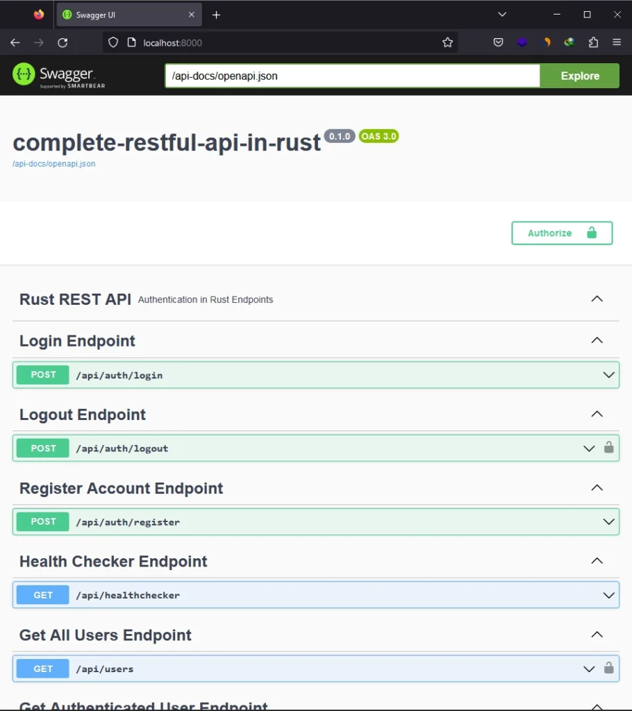 Swagger UI for the Rust API