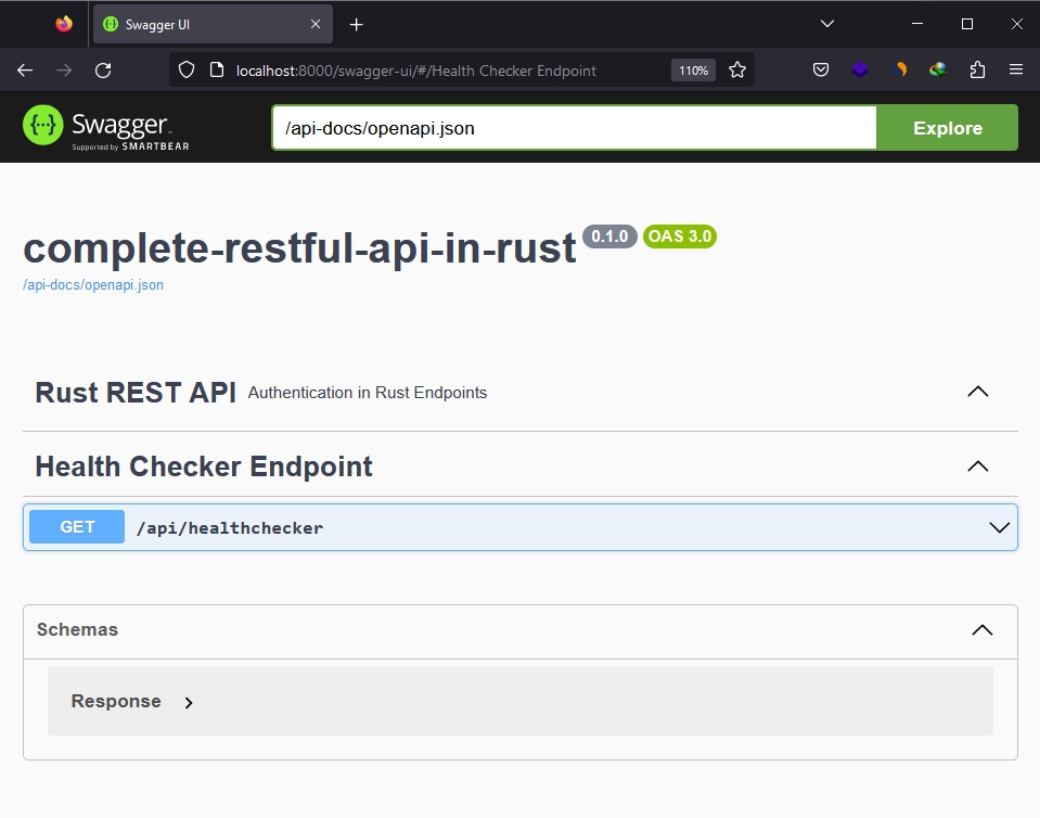 Visit the Swagger Docs for the Actix-Web API with only the Health Checker Endpoint