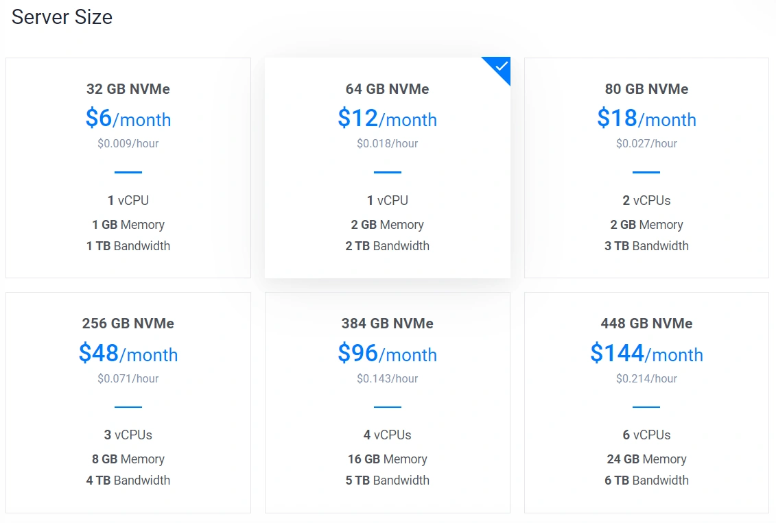 Choose the VPS size based on the pricing