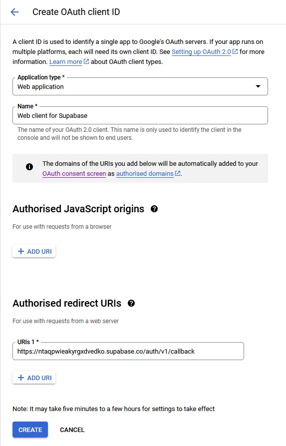 Paste the callback URL provided by Supabase on the Google Cloud Console